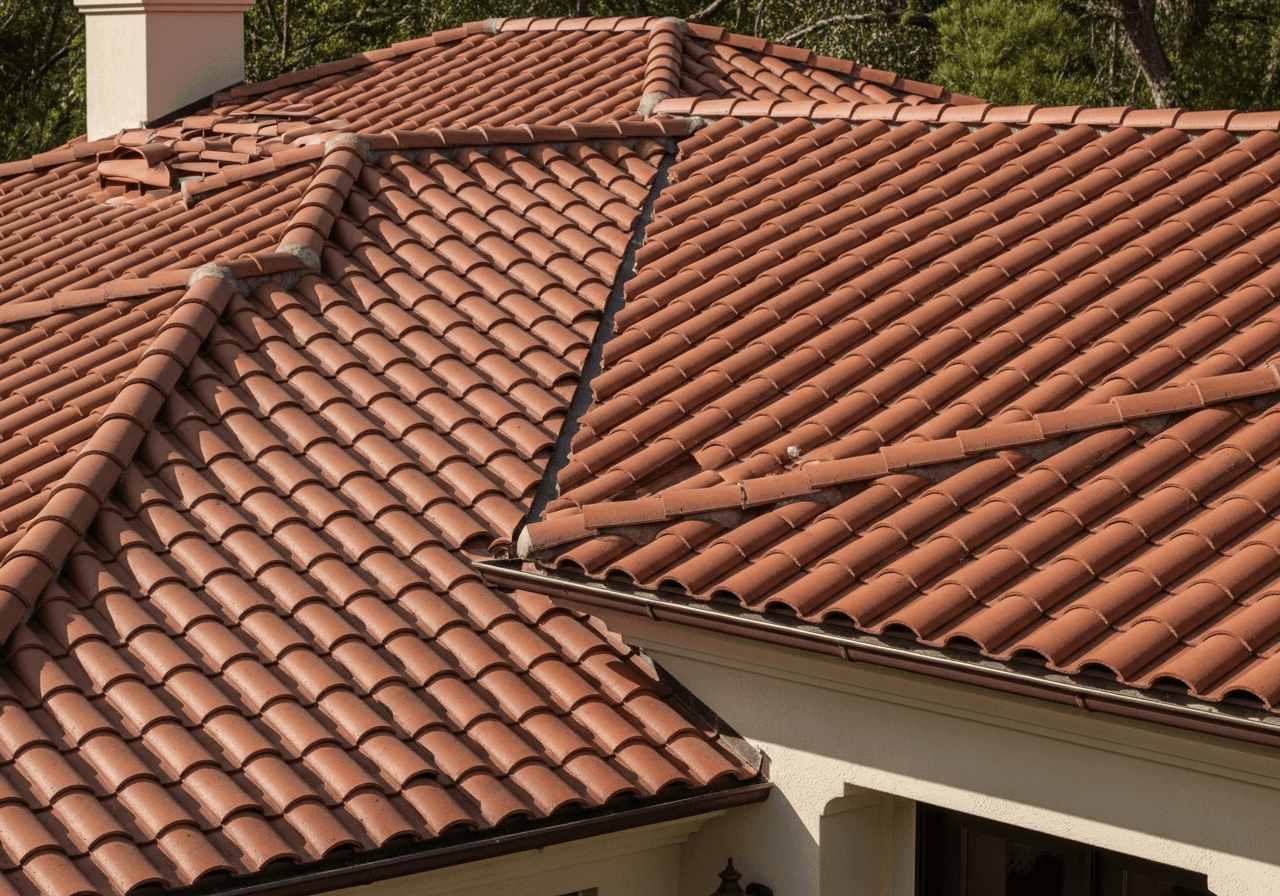 Spanish clay tile roof showing beautiful terracotta tiles installed on residential home