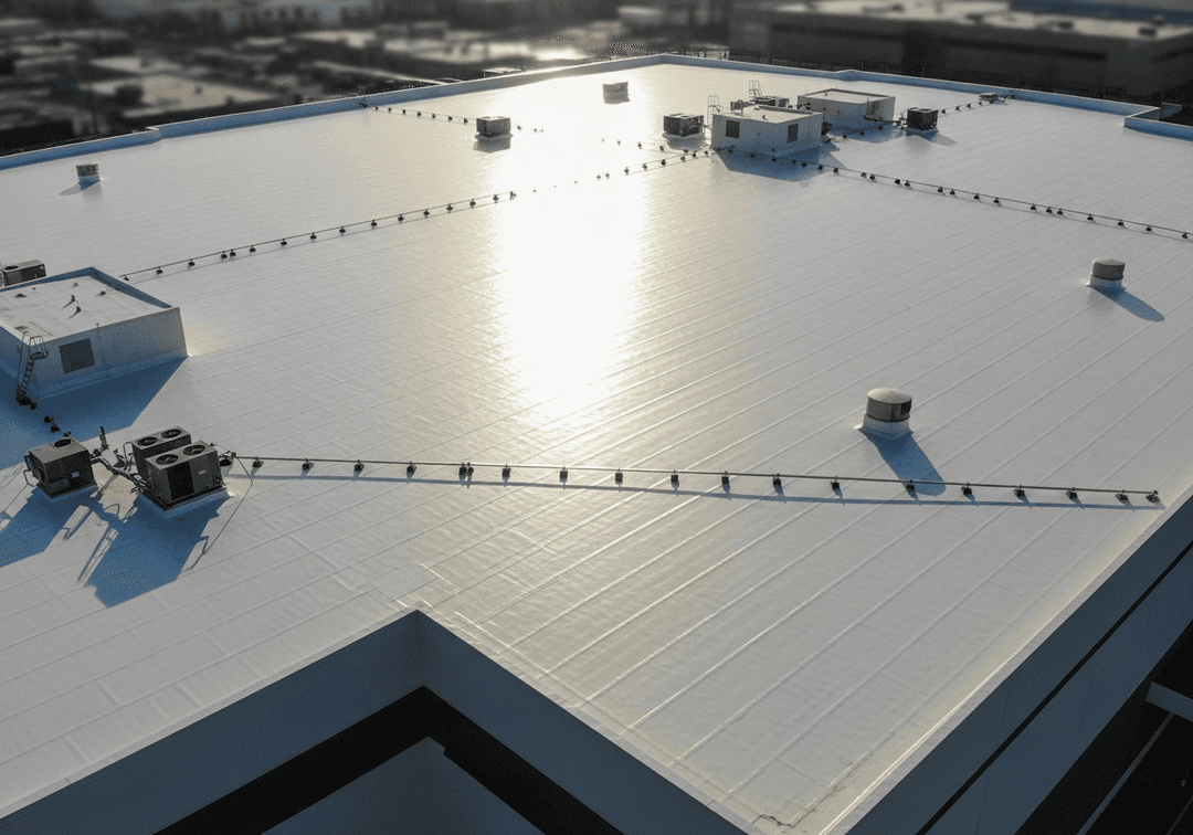 Bright white cool roof coating reflecting sunlight - energy efficient reflective roofing technology