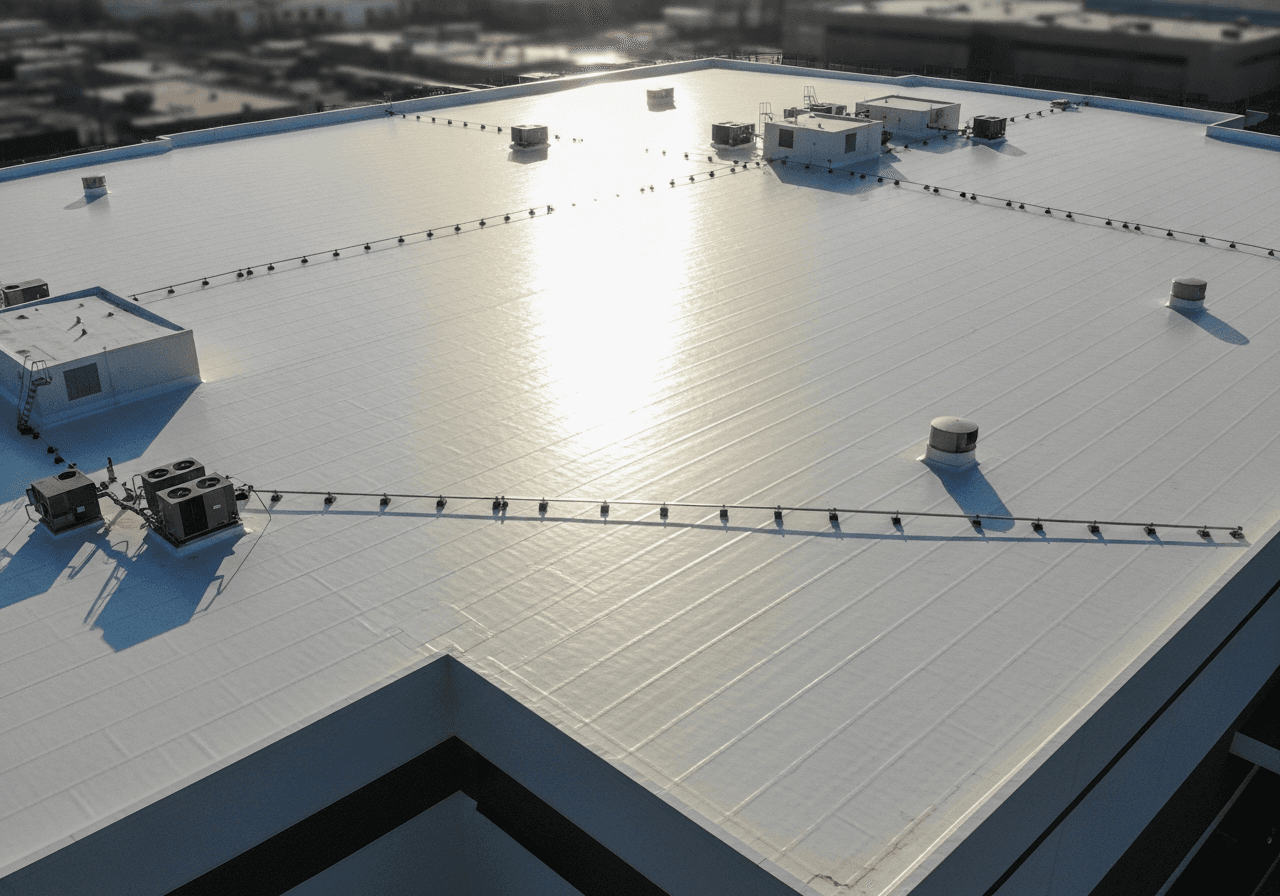 Cool roof coating surface with reflective white finish for energy efficiency